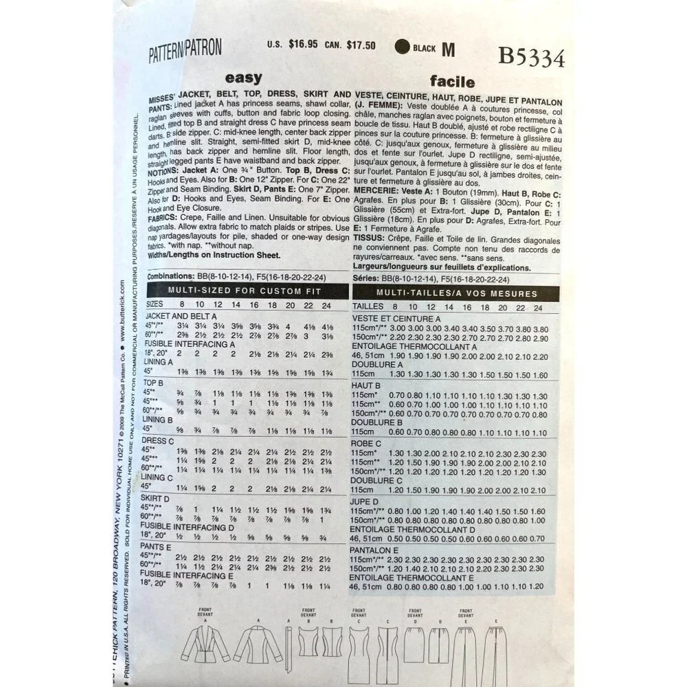 Butterick Sewing Pattern Jacket‎ Belt Top Dress Skirt Pants Misses Size 8-14